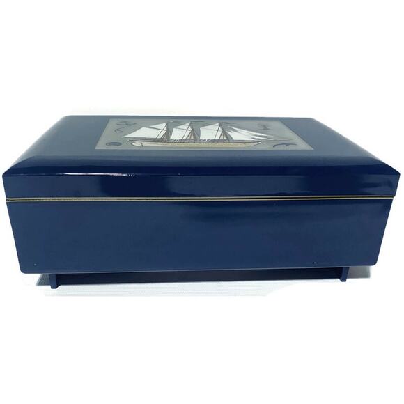 Otagiri Musical Jewelry Box Blue Lacquerware With Sailing Ship As Time Goes By - Picture 1 of 5
